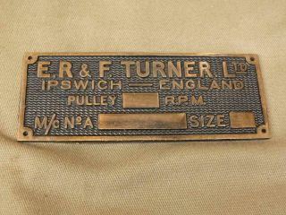Vintage Brass Name Plate Plaque E R & F Turner Ltd Ipswich England