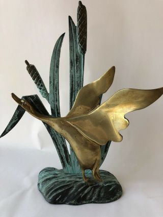 Vintage Metal Brass Verdigris Art Sculpture Flying Duck Cattails 13”
