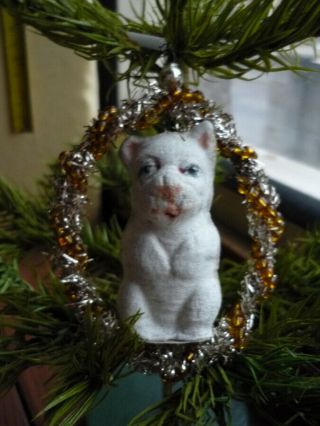 Vtg.  Papier Small Dog Christmas Tree Ornament On Tinsel Round