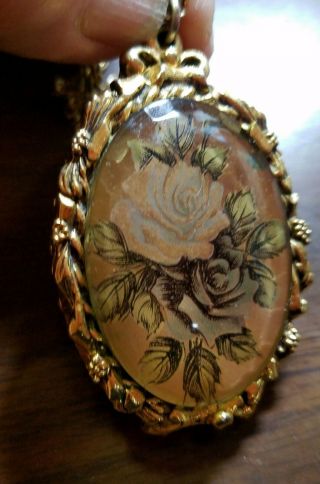 Vintage Max Factor Goldtone Rose Under Glass Solid Perfume Necklace Pendant Euc