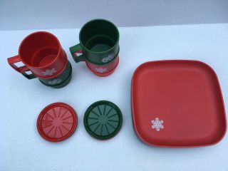Vintage Tupperware Christmas Set Green Red Luncheon Plates Cups Coasters