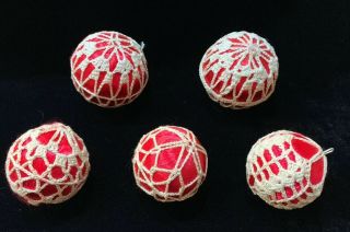 Crochet Red Satin Ornaments Vintage Christmas Tree Decor Handmade Ecru Set Five