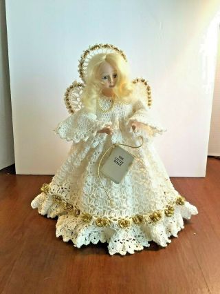 Vintage Christmas Angel Tree Topper White & Gold Hand Crocheted Dress Halo Wings