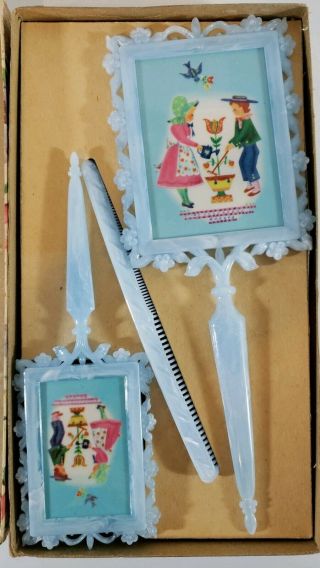 Vintage 3 Piece Childs Blue Plastic Vanity Set Brush Comb Mirror Fairytale Kids