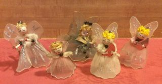 5 Vintage Spun Cotton/ Chenille/tulle Angel Ornaments/package Ties Vgc Japan