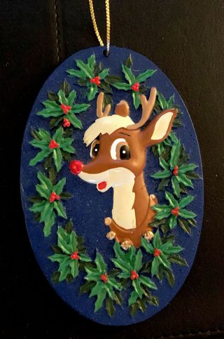Vintage Blue Rudolph Reindeer Oval Holly Wreath Rudolph Ornament Company