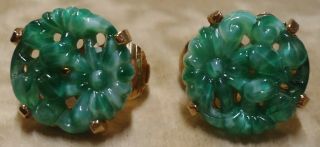 Vintage Newhouse Gold - Tone Floral Molded Peking Glass Faux Jade Clip - On Earrings