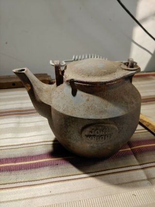 Vintage John Wright Cast Iron Tea Kettle Coffee Pot Twist Handle Heavy Cast