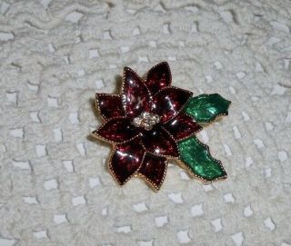 Vintage Dark Red Enamel Poinsettia Flower Brooch Pin Christmas Holiday C5