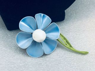 Vtg.  Sky Blue & Green Enamel Metal Blossoming Flower Brooch