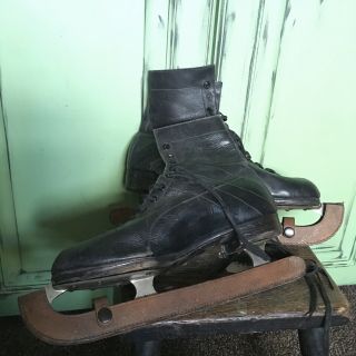 Vintage Black Leather Ice Skates & Guards Xmas Display