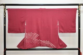 Vintage Silk Kimono Jacket:shibori Wine Red Round Tsunami Wave@yw20