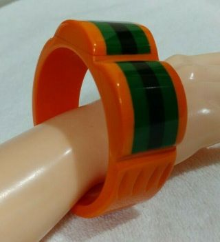 Vintage Orange,  Green And Black Striped,  Lucite Bangle Bracelet