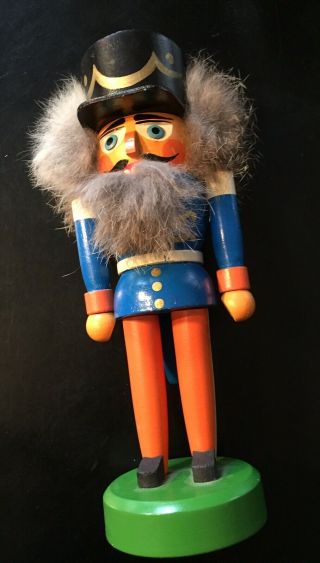 Vintage German Democratic Republic Wooden Nutcracker Fur Beard Hair Soldier