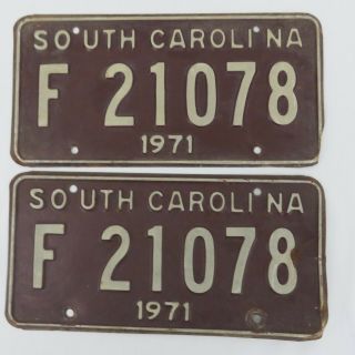 2 Matching 1971 South Carolina License Plates Vintage Pair F 21078 Brown White