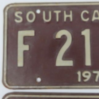 2 Matching 1971 South Carolina License Plates Vintage Pair F 21078 Brown White 2