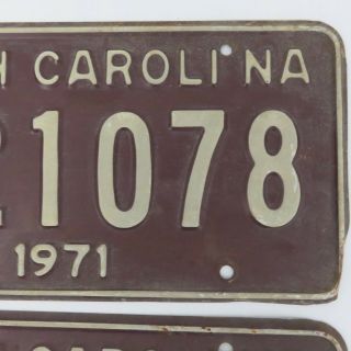 2 Matching 1971 South Carolina License Plates Vintage Pair F 21078 Brown White 3