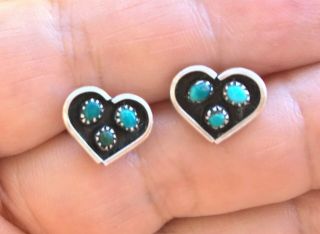 Vtg Native Amer Heart Shaped Pierced/post Earrings,  Sterling Silver W/turquoise