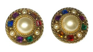 Earrings Vintage Clip - On Pair Gold - Tone Crystals Faux - Pearls Colorful Big 1 - 3/4 "