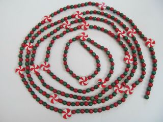 Vintage Christmas Wood Wooden Bead Peppermint Candy Red & Green Garland 12 ' Long 2