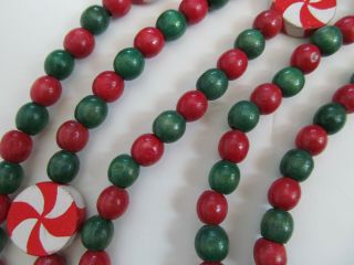 Vintage Christmas Wood Wooden Bead Peppermint Candy Red & Green Garland 12 ' Long 3