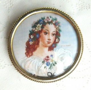 Hand - Painted Peasant Girl Big Vintage Cameo Brooch Pin Signed Anna Guyot France