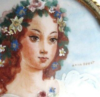 Hand - painted Peasant Girl Big Vintage Cameo Brooch Pin Signed ANNA GUYOT FRANCE 2