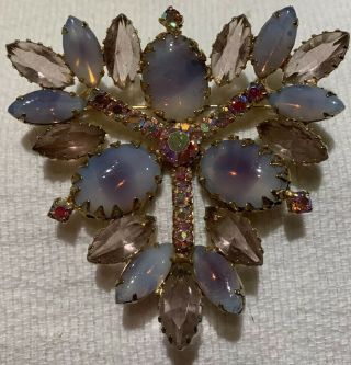 Huge Vintage Opalescent Mauve Colored Rhinestone And Cabochon Brooch.
