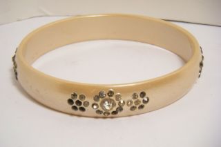 Vtg Art Deco Pearlized Ivory Celluloid Bracelet With Rhinestones