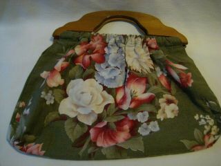 Knitting Sewing Bag Vintage Fabric Tote Floral Olive Green Pink Wood Handles