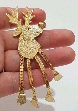 Vintage Reindeer Christmas Brooch Signed Ultra Craft Xmas Pin Festive Dangly