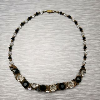 Vintage Art Deco Black Clear Faceted Glass Bead Necklace Brass Czech?