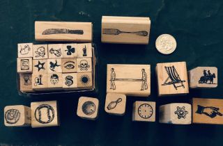 12 Vintage Sports Rubber Stamps & Box Of Small Advertising Themes: Baseball,  