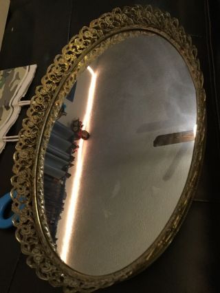 Vintage Oval Vanity Dresser Mirror Tray Silver Tone Filigree 13” X 10”