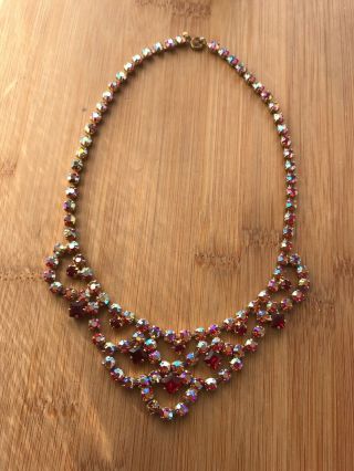 Vintage Aurora Borealis Red Sparkly Crystal Necklace Rhinestone Paste Art Deco