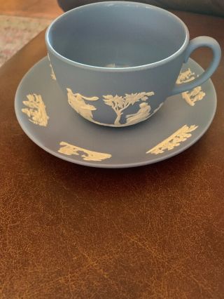 Vintage Wedgwood Blue Tea Cup And Saucer Neoclassical Grecian Cherubs