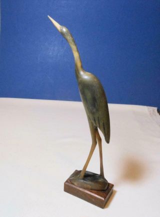 Vtg Hand Carved Horn Bird Figurine Stork Egret Heron Crane Wood Base - 12 " Tall