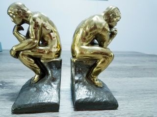 Vintage Brass Plated Bronze The Thinker Bookends 6 " Metal Art Deco Statue