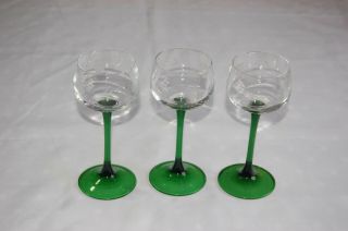 Vintage Set 3 Cut Glass Grape & Vine Decorated Green Stemmed Hock Wine Glasses.