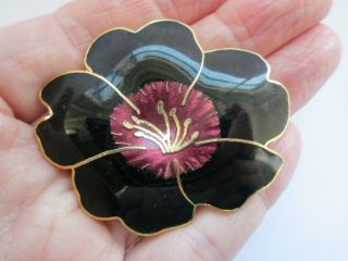 Vintage Glossy Jet Pink Enamel Gold Tone Metal Flower Brooch Pin