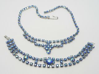 Vintage Teal Blue Aurora Borealis Rhinestone Necklace & Bracelet Set