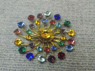 Vintage Sterling Gold Tone Multi Color Rhinestone Flower Sunburst Pin Brooch