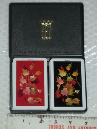 Vintage Double Deck Kem Plastic Playing Cards,  Plastic Case Maple Autumn Leaves