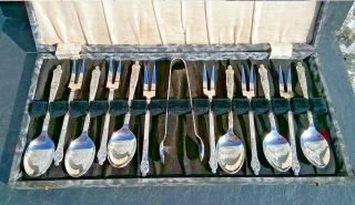Vintage Set Of Apostle Spoons Cake Forks & Sugar Tongs Silver Plated Boxed