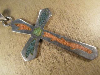 Vtg Sterling Silver & Turquoise/Coral Cross Pendant,  Taxco Mexico MPS,  7.  3g 2