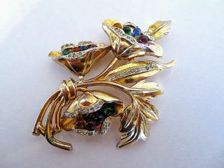 Vintage 1930s Gold Plated Glass Rhinestone Flower Brooch Pin 2