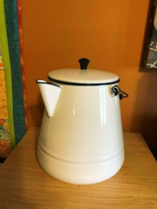 Vintage Large White Enamelware Coffee Pot Wood Handle 9 " Hx9 " Base
