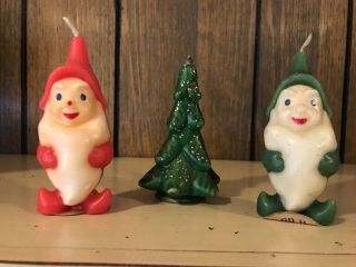 2 Vintage Gurley Christmas Elf Gnome Wax Candles 1 Green 1 Red With Tree