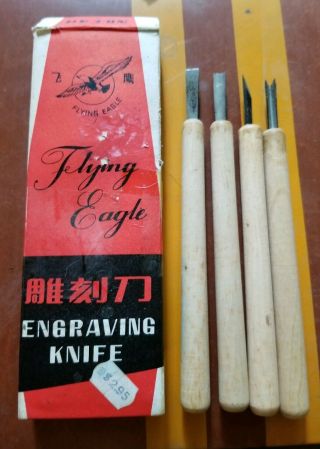 Vintage Set 4 Flying Eagle Engraving Wood Carving Knives Vgc