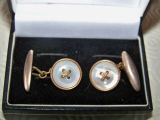 Vintage Art Deco Jewelery Real Mother Of Pearl Button Chain Link Shirt Cufflinks